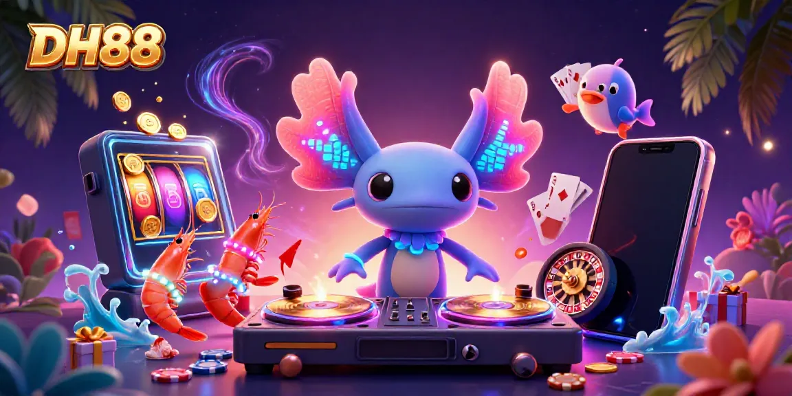 Engage with thrilling slots by DH88, featuring vibrant cartoon characters celebrating wins in a lively casino scene.