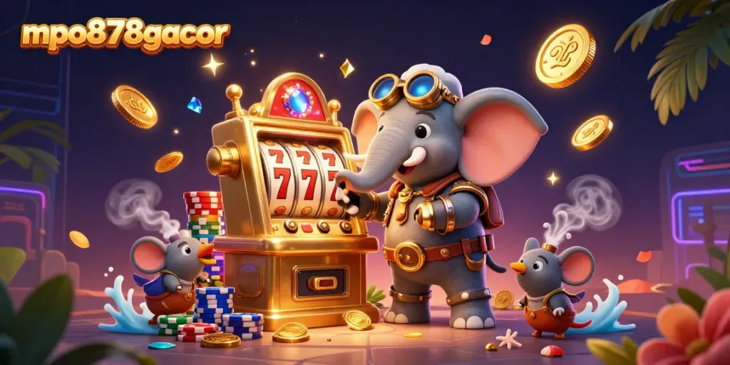 Pemain merasakan pengalaman mpo878gacor dengan slot mesin berwarna-warni dan karakter steampunk.