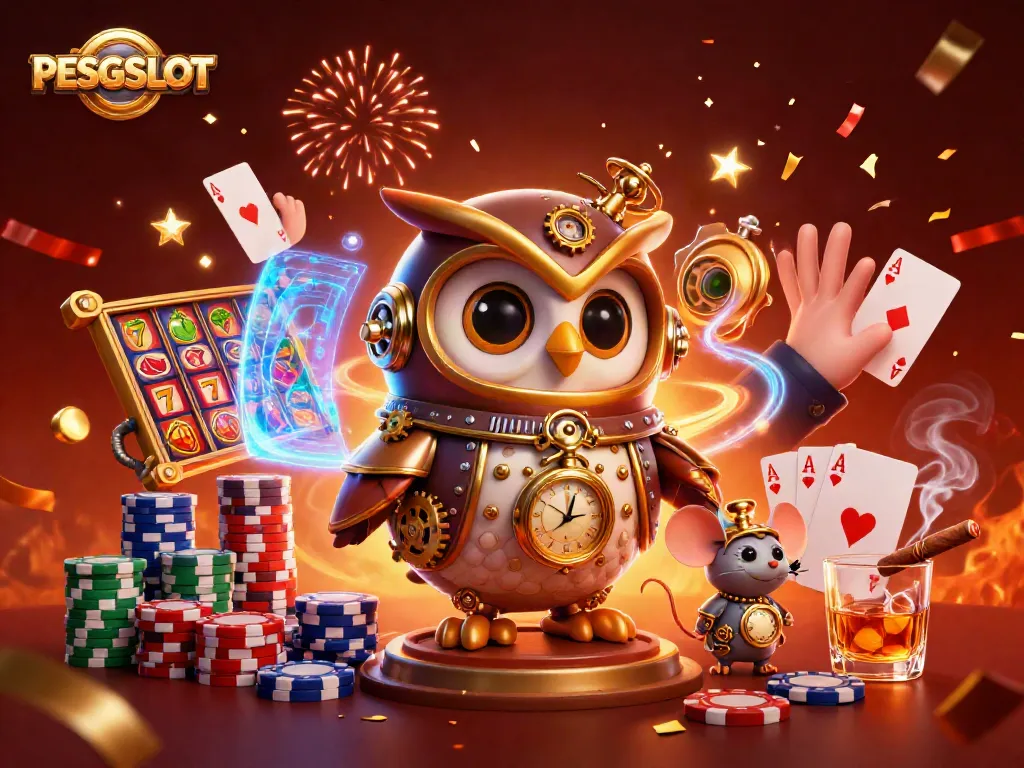 Spin the reels at PESGSLOT with a lively scene of steampunk characters enjoying colorful chips and casino elements.