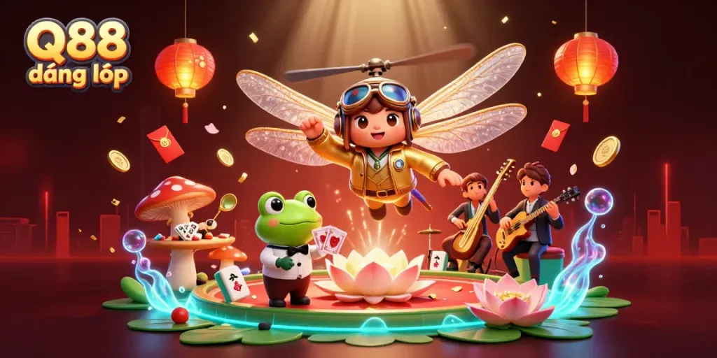 Experience Q88 đăng nhập a vibrant casino scene with a dragonfly pilot and frog croupier for lively gaming.