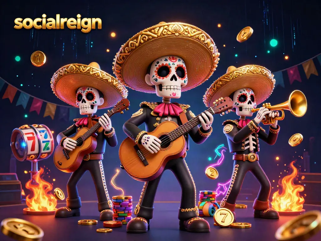 Engage with socialreign's vibrant 3D casino scene featuring mariachi characters amidst dynamic gaming elements.