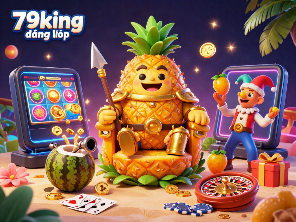 Engage in exciting casino action with 79king đăng nhập featuring the golden pineapple king and game elements.