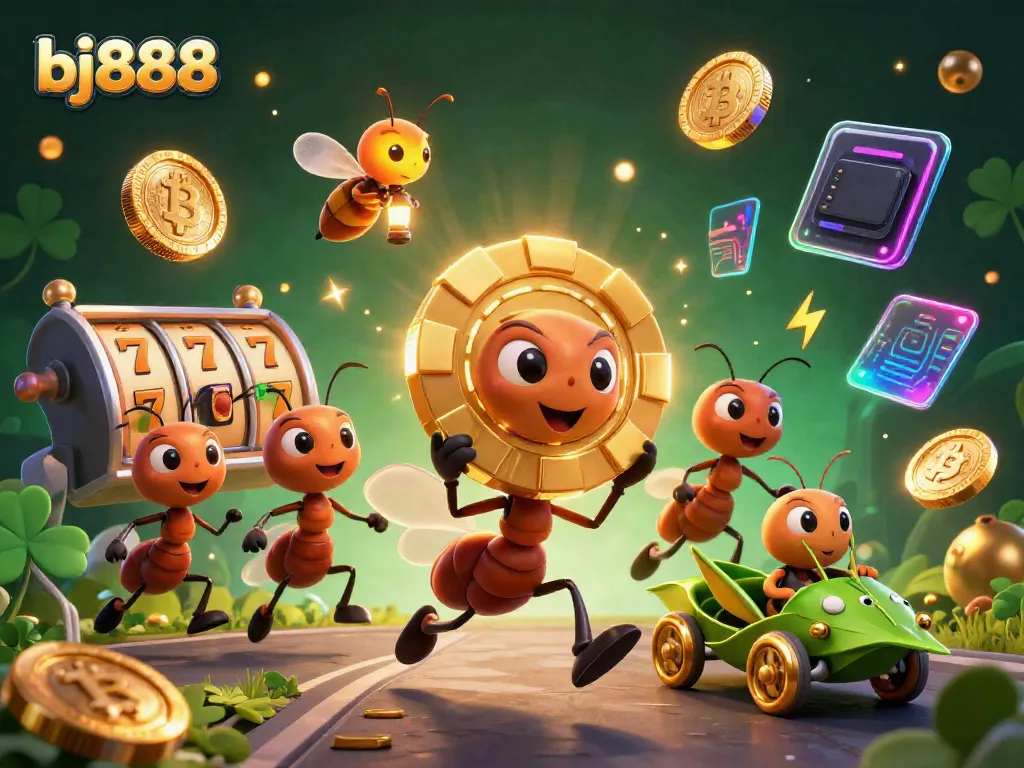 Experience the thrill with bj888 as ants embark on a heist with a giant poker chip amidst vibrant slot scenes.