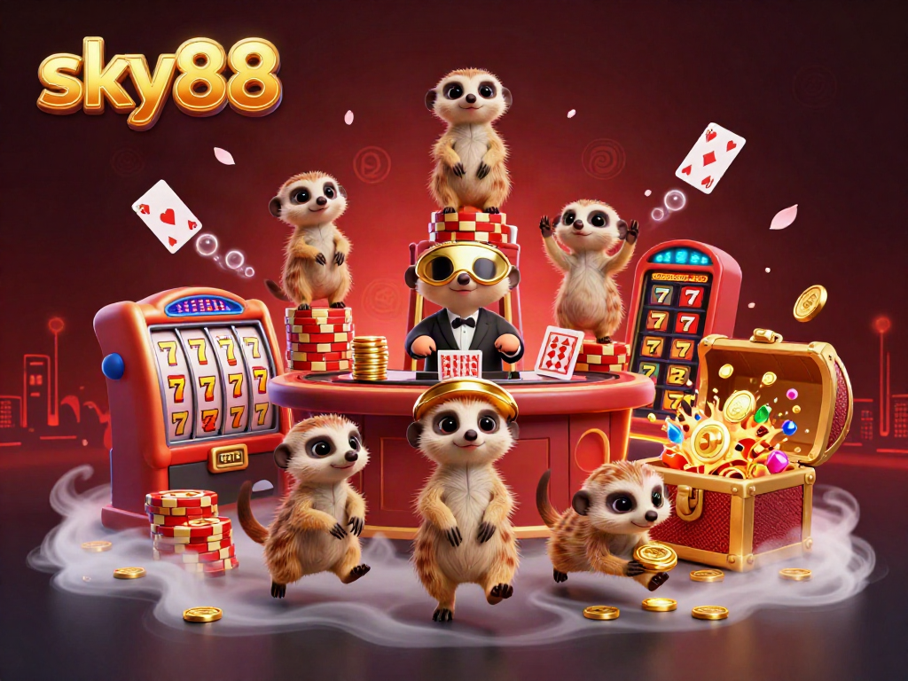 Experience the excitement of sky88 with meerkats in a dynamic casino scene featuring slot machines and vibrant graphics.