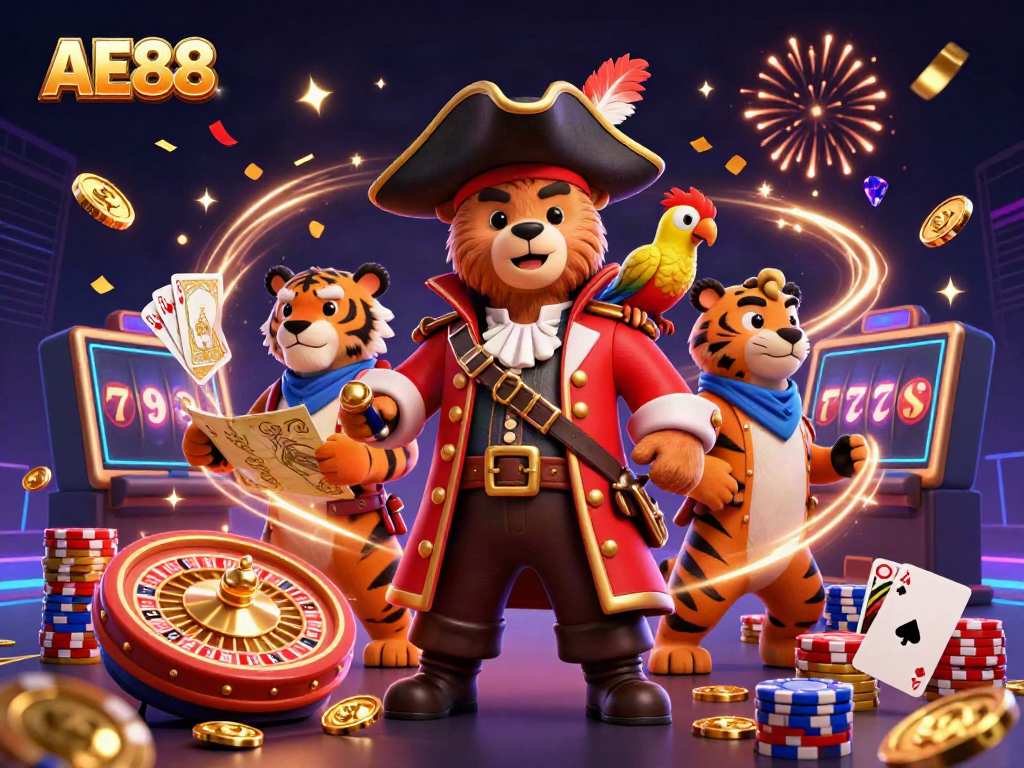 Experience thrilling gameplay with AE88 at our dynamic casino, featuring vibrant characters, coins, and cards.