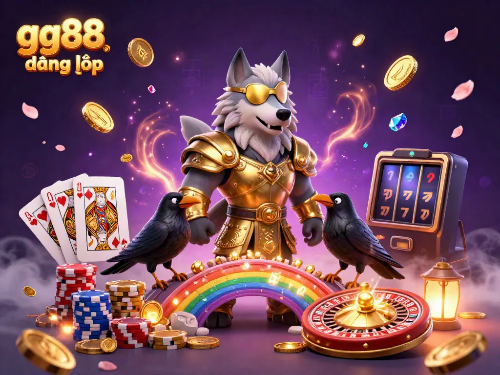 Experience thrilling gaming with gg88 đăng nhập surrounded by Odin and his ravens in a vibrant casino scene.
