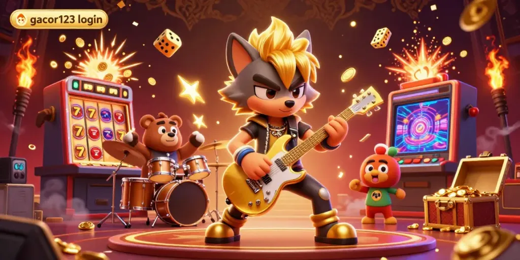 Experience the thrill of gacor123 login with a vibrant casino scene featuring a rock star wolf, excitement, and jackpots.