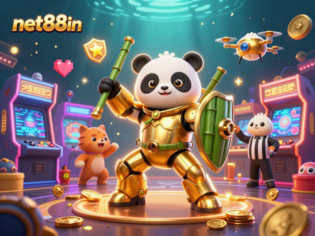 Engage in exciting gameplay at net88in with unique arcade-themed casino visuals, showcasing a mech-suit panda in a vibrant arena.
