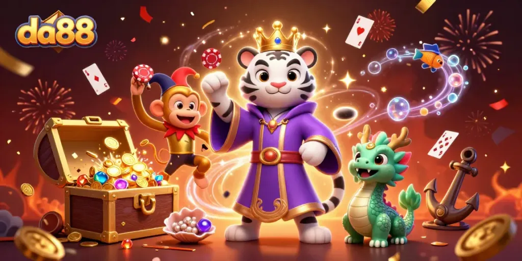 Play games and win rewards at da88 with an engaging 3D casino illustration depicting vibrant characters and gaming elements.