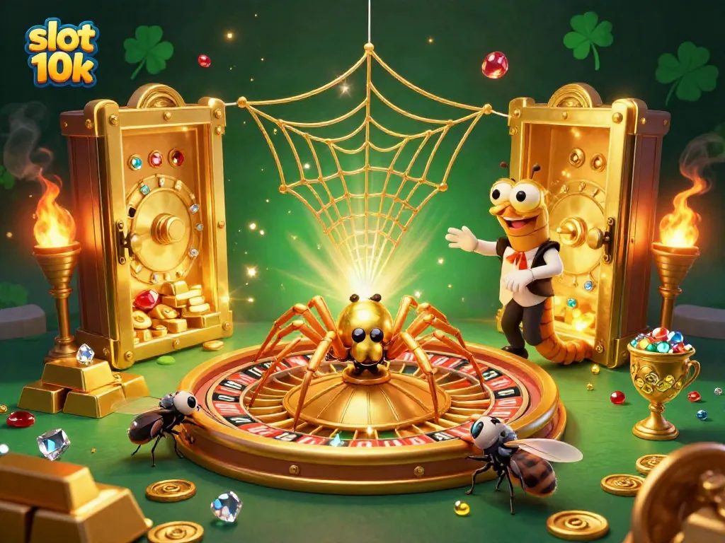 Engage in exciting gameplay with slot 10k featuring a 3D spider spinning a roulette wheel.