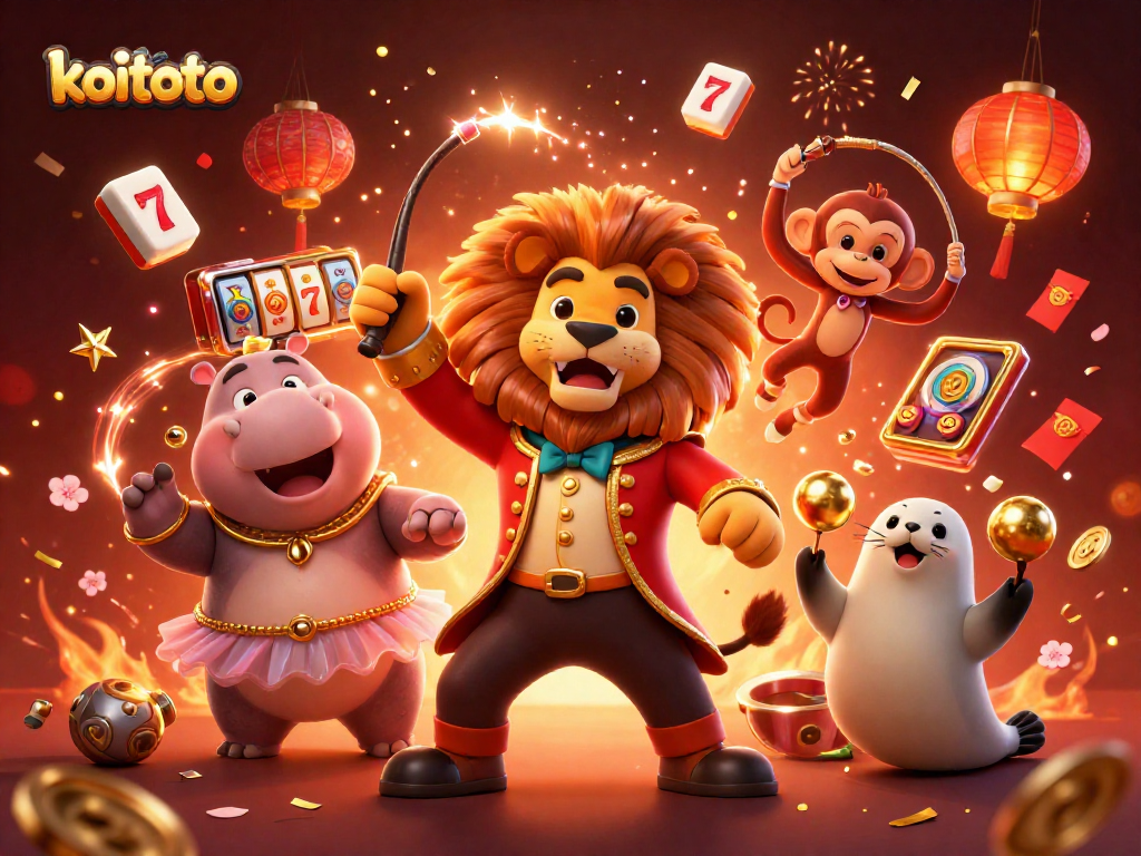 Koitoto mempromosikan permainan slot gacor dengan suasana meriah yang penuh warna dan elemen kasino.