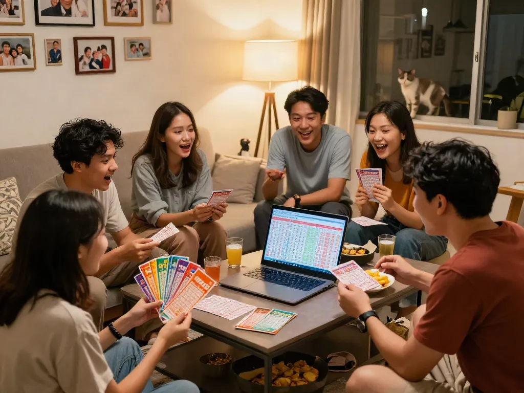 A group of friends excited about nyonya4d lottery tickets in a warm living room atmosphere.