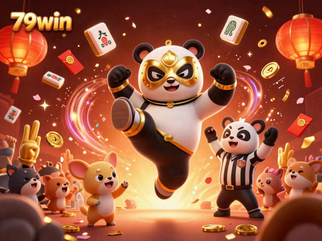 Experience the vibrant action of 79win as a panda wrestler performs thrilling moves surrounded by animated fans and festive elements.
