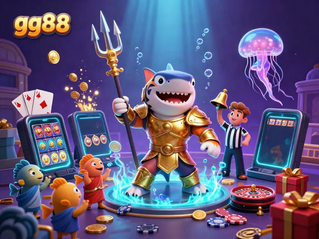 Experience thrills at gg88 with a cartoon shark in gladiator armor, showcasing online gaming excitement.