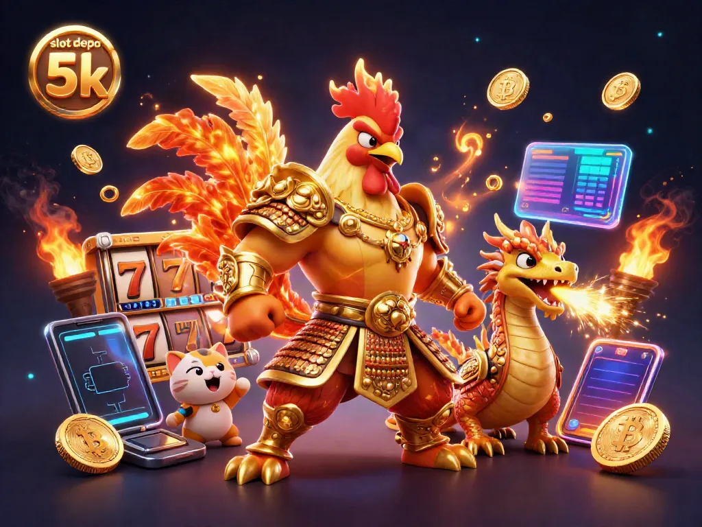 Experience thrilling wins with slot depo 5k featuring gaming icons and dynamic 3D elements.