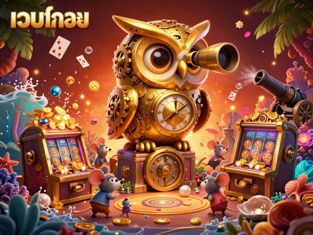 ภาพวาดแนว 3D ของเว็บหวย ที่แสดงนกฮูกรางวัลโบนัส และความสนุกสนานในคาสิโนออนไลน์
