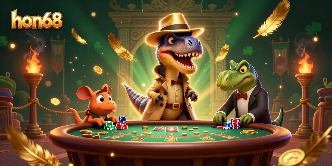 Experience thrilling games at hon68 with a velociraptor card counter amidst vibrant casino elements.