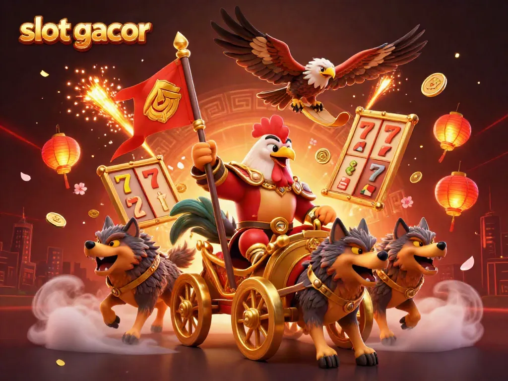 Experience slot gacor excitement with a cartoon warlord and dynamic casino elements.