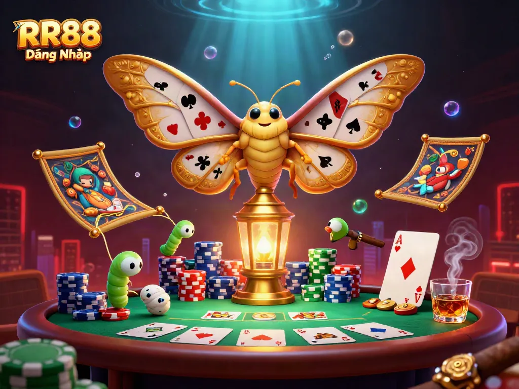 Experience RR88 Đăng Nhập with a vibrant casino scene featuring a moth and casino elements.