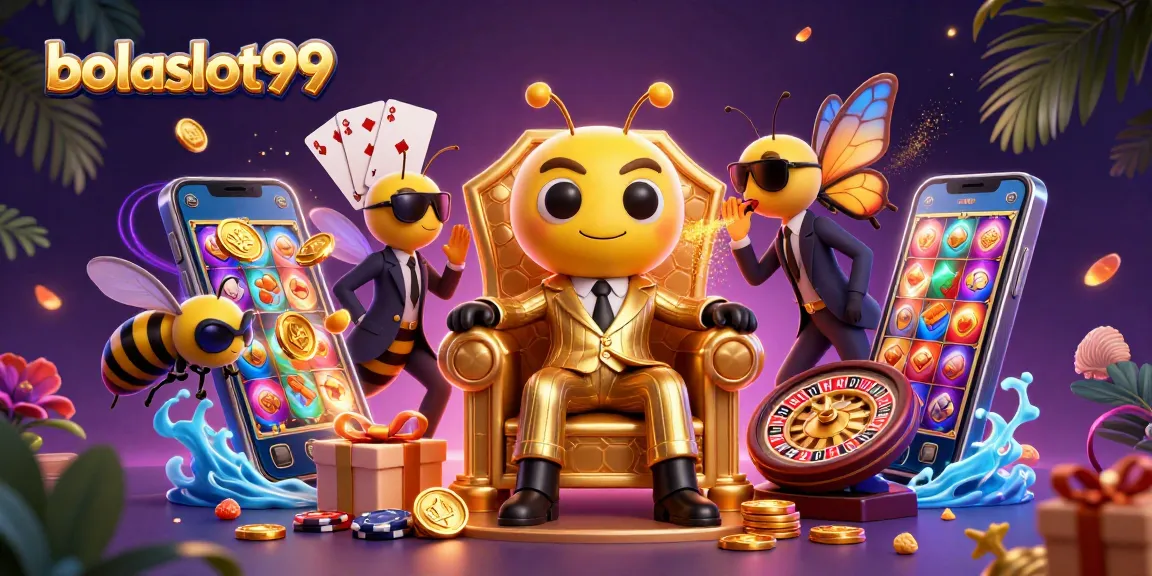 Bolaslot99 buzzes with excitement featuring a cartoon bee mob boss amidst vibrant casino games