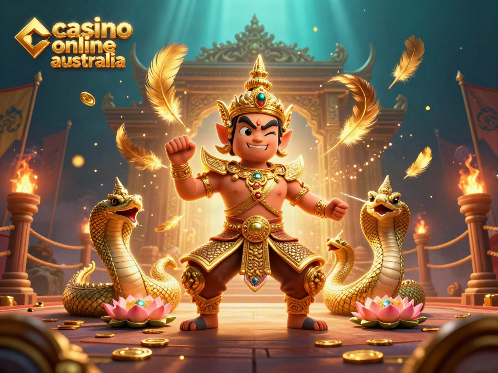 A vibrant illustration of casino online australia featuring a Thai temple guardian, Naga serpents, and gaming elements.