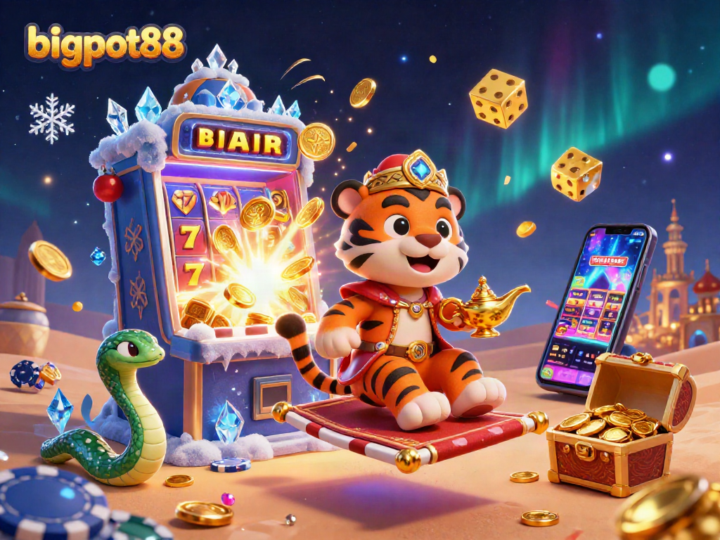 bigpot88 nikmati jackpot besar dengan sultan harimau dan mesin slot menyala yang penuh koin emas.