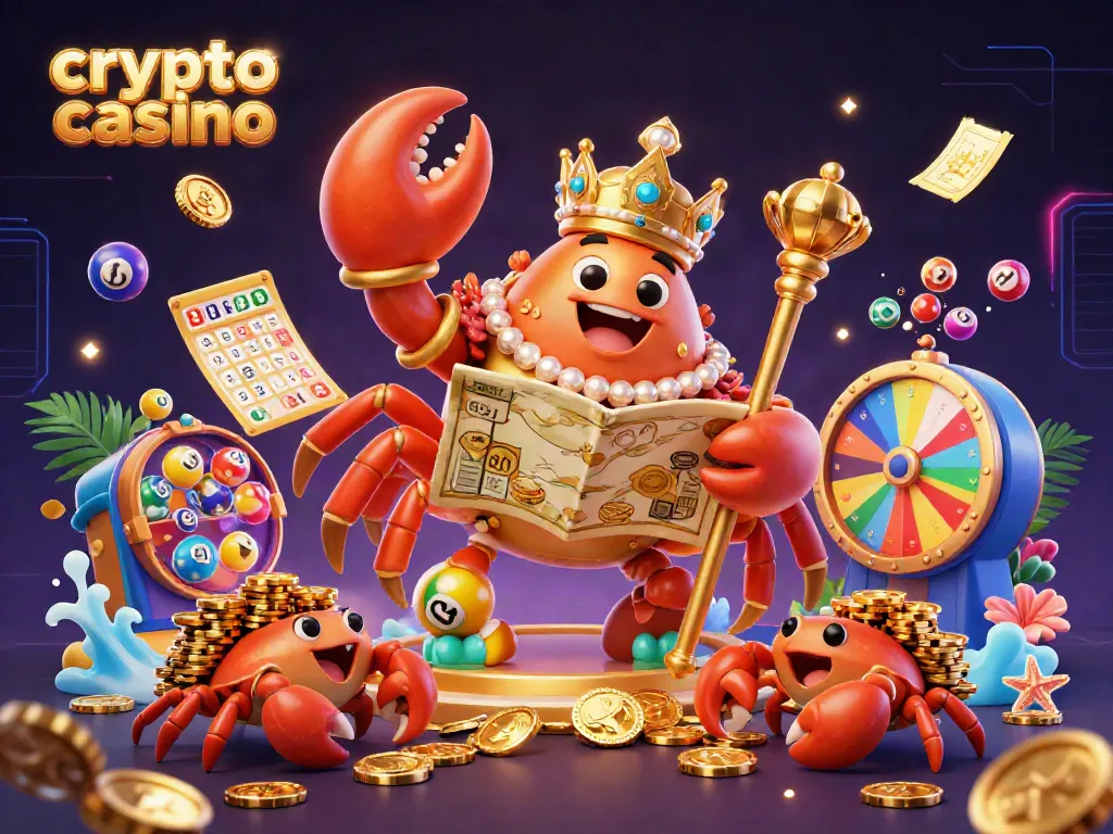 Experience the excitement of a crypto casino with a vibrant scene featuring a golden crab emperor, lottery elements, and confetti.