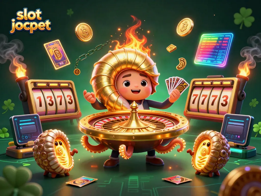 Slot jackpot dalam ilustrasi 3D dengan nautilus raksasa memegang kartu, simbol keberuntungan, dan koin digital mengelilinginya.