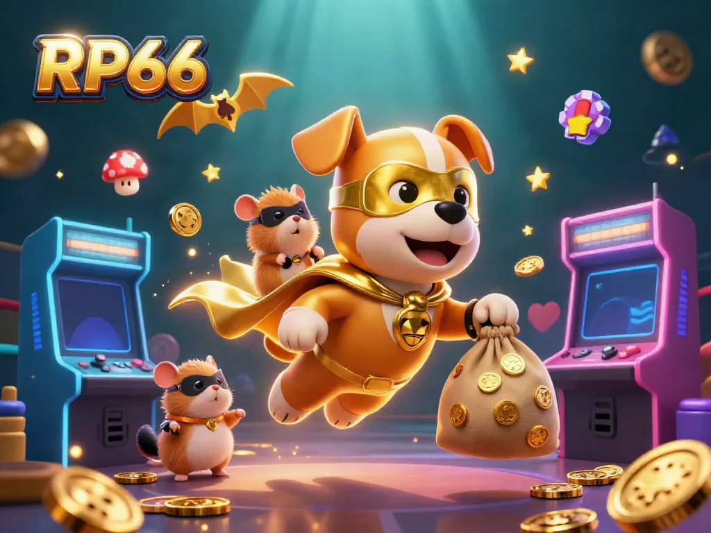 Experience the thrill of RP66 with a heroic dog and hamster in a playful casino scene.