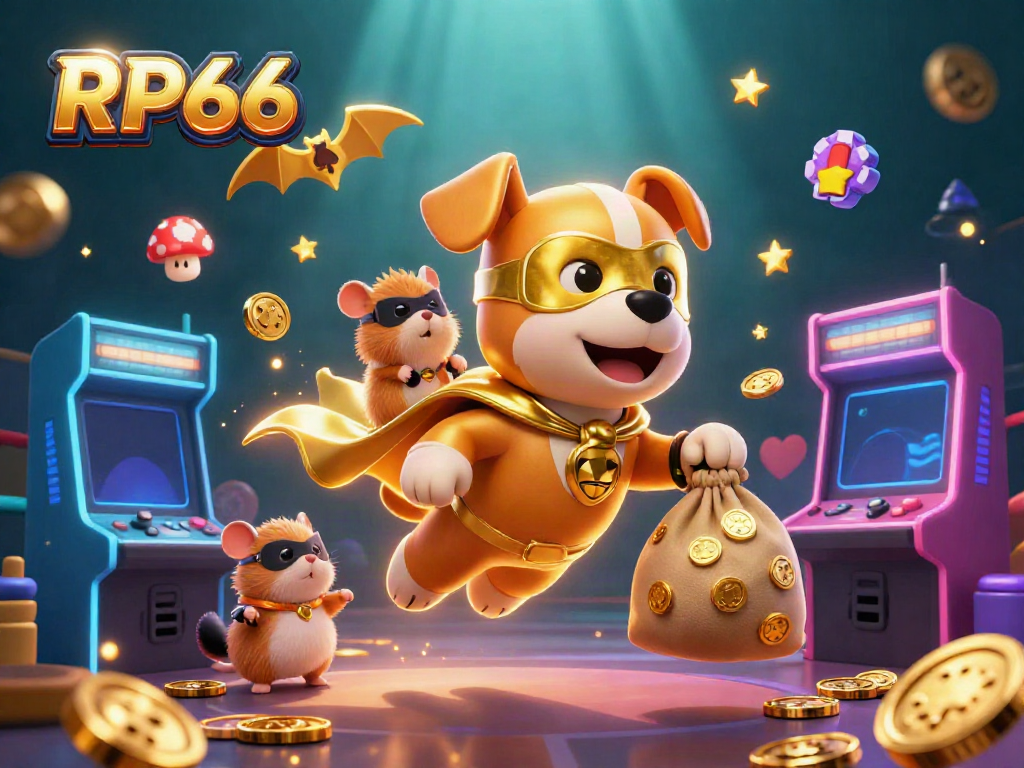 Experience the thrill of RP66 with a heroic dog and hamster in a playful casino scene.