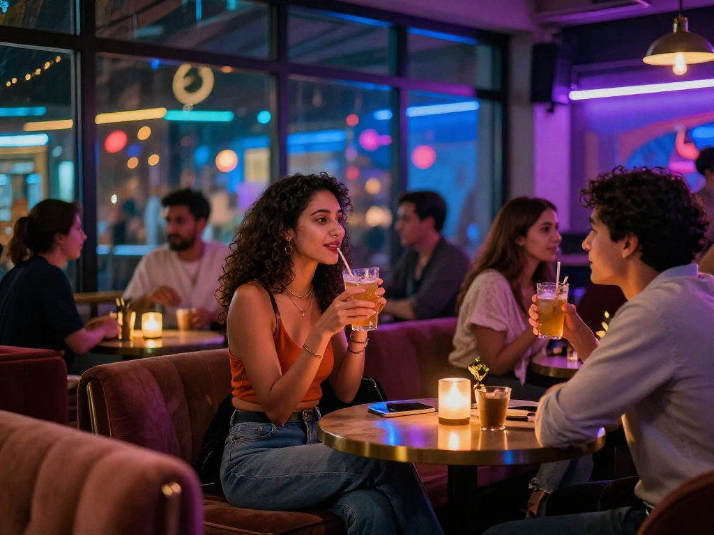 Gái gọi tương tác với khách hàng tại quán bar sôi động, tạo không khí vui vẻ.