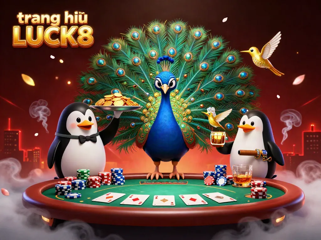 Experience enchanting moments at trang chủ LUCK8 with a vibrant peacock and playful characters around poker chips and cards.