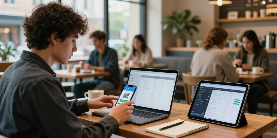 Young professional using slot qris for digital payments in a cafe