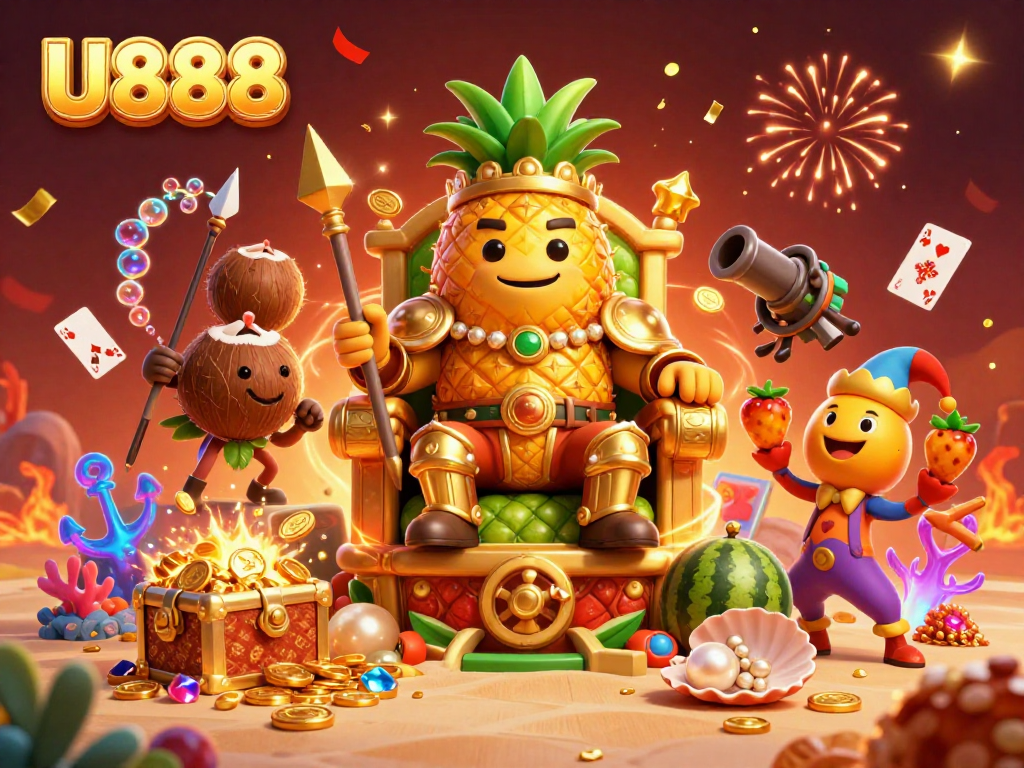 Engage in thrilling casino adventures with U888 while the golden pineapple king and his colorful companions entertain on a vibrant beach.