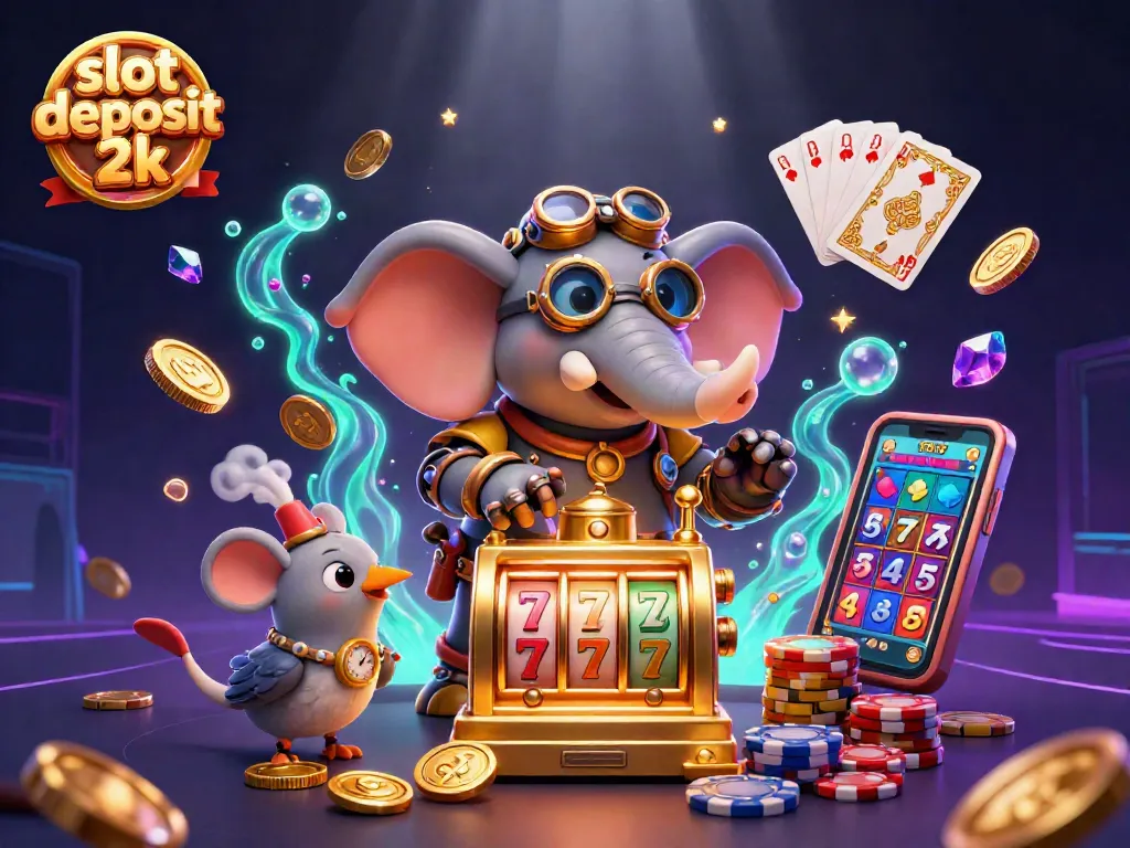 Spin the golden slot machine with the steampunk elephant engineer in this slot deposit 2k illustration.