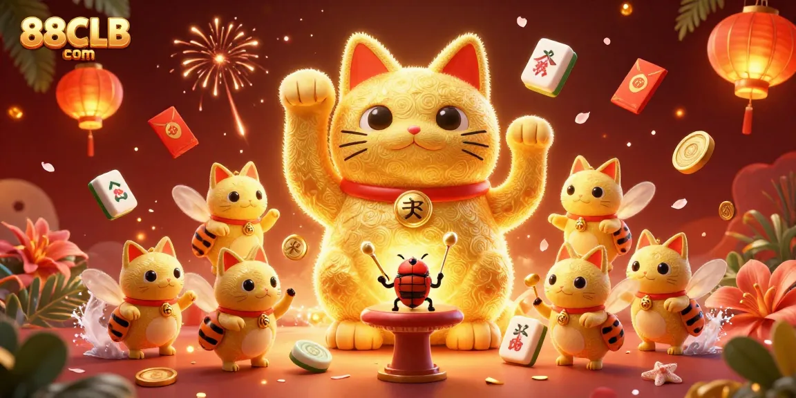 Experience the excitement of 88CLB com through a vibrant casino-themed illustration with a lucky cat.