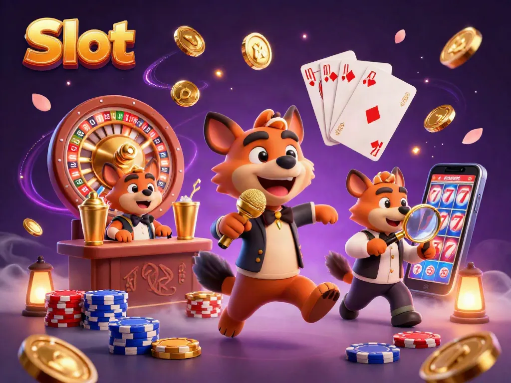 Engage with the lively Slot-themed scene featuring hyenas in a casino club, with coins and gems flying around dynamically.