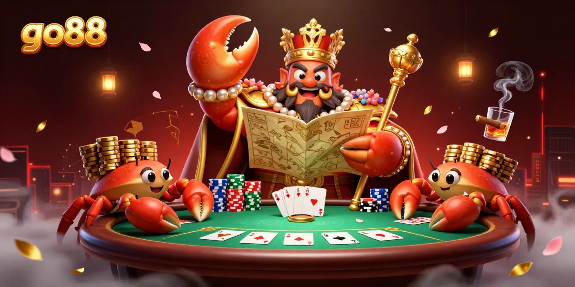 Experience the excitement at go88 with a vibrant poker scene featuring a golden crab emperor and animated characters.