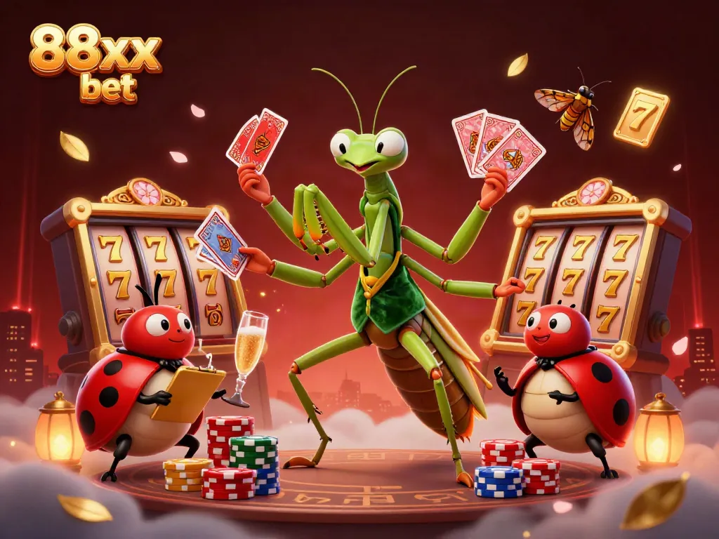 Experience 88xx bet excitement with a lively casino scene featuring a mantis dealer and ladybug pit boss.