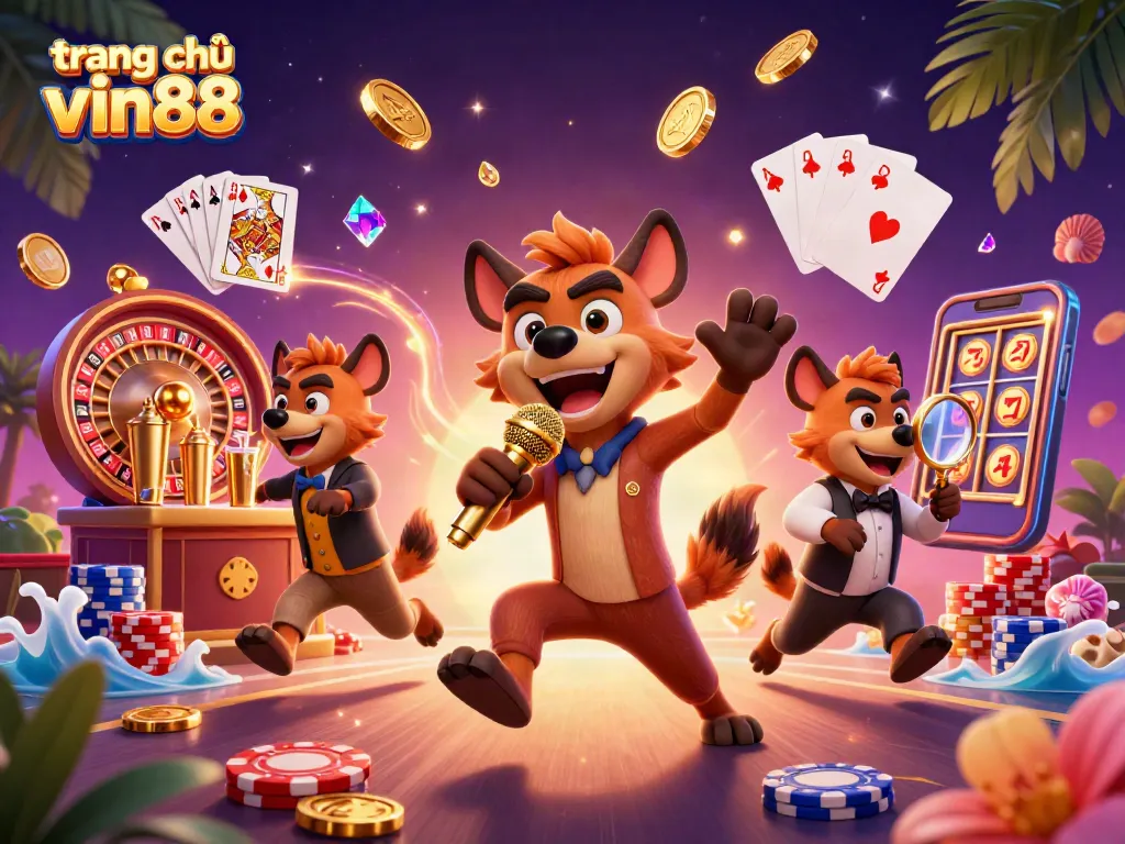 Experience the thrilling atmosphere of trang chủ vin88 with cartoon hyenas in a vibrant casino scene.