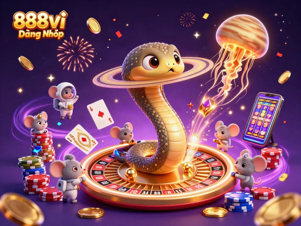 Win big with 888vi Đăng Nhập at a vibrant 3D casino scene featuring games and excitement.