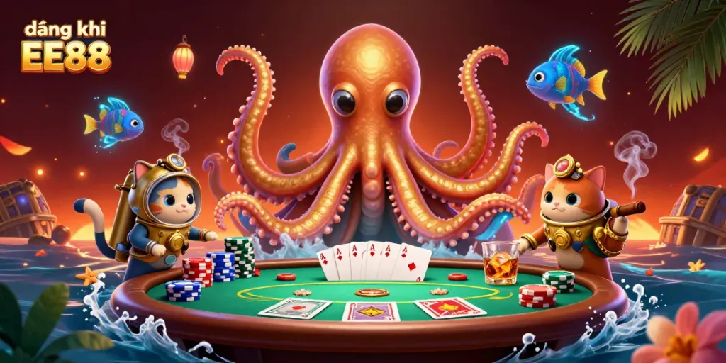 Bet on đăng ký EE88 with a dynamic 3D illustration featuring a kraken and poker elements.