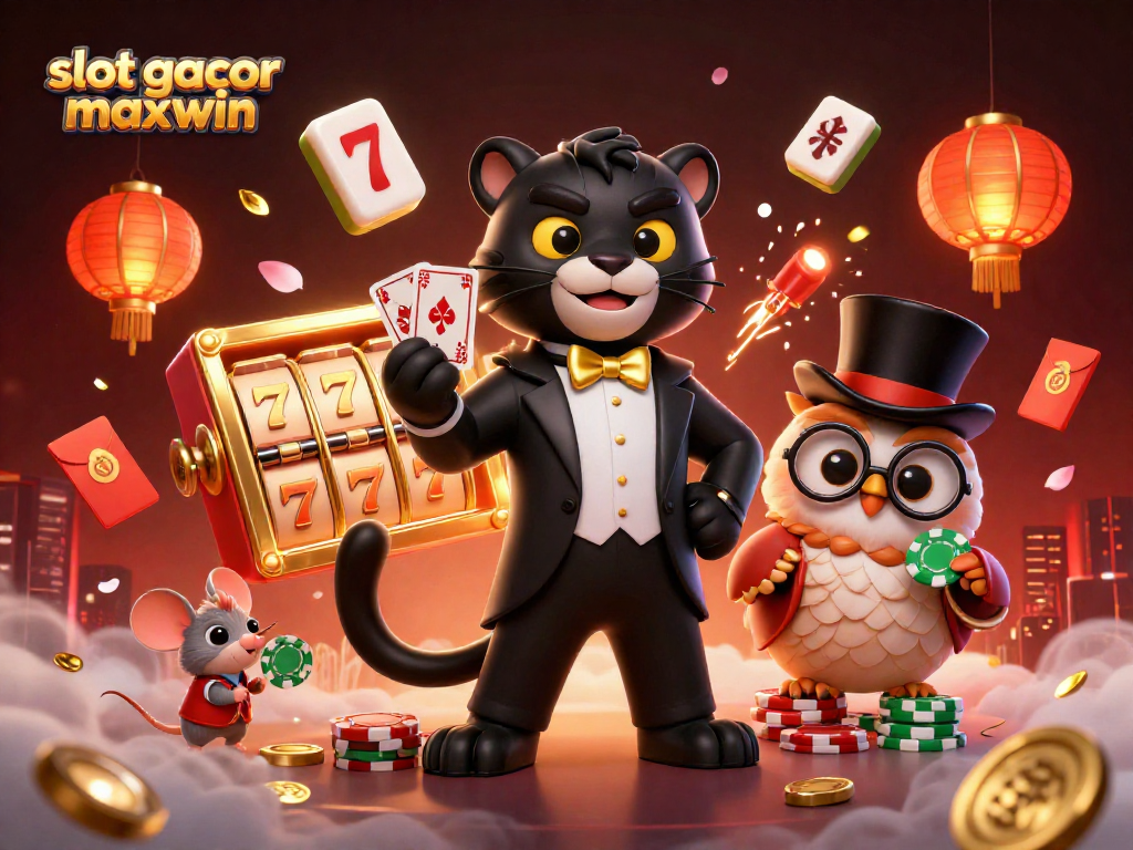 Engage with slot gacor maxwin through this vibrant 3D illustration of a panther dealer, showcasing jackpots and festive elements.