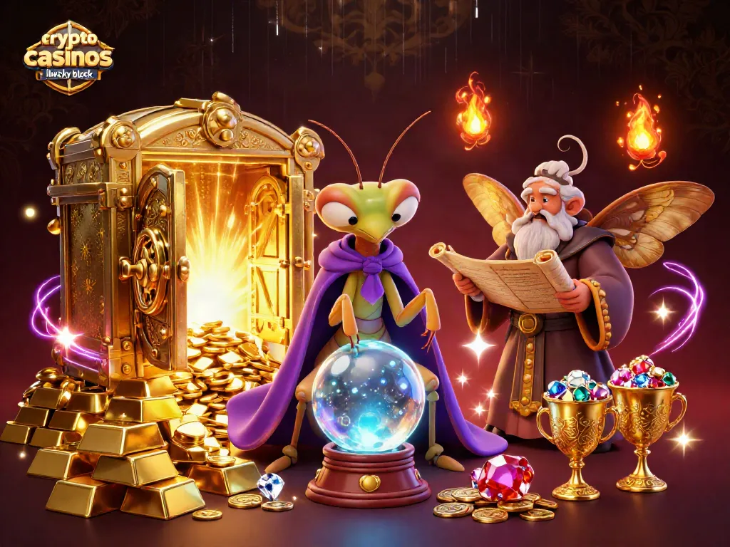Engage with crypto casinos like Lucky Block while surrounded by a mystical gaming scene full of treasures and fortune.