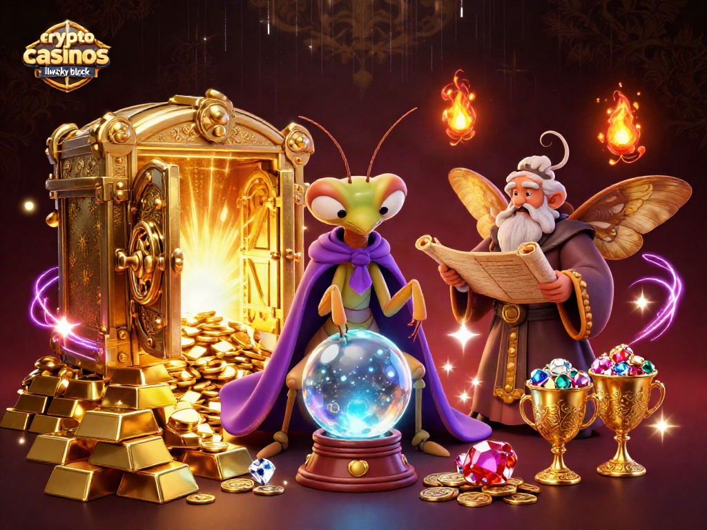Engage with crypto casinos like Lucky Block while surrounded by a mystical gaming scene full of treasures and fortune.