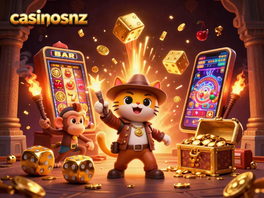 Win at casinosnz with a 3D explorer cat finding incredible treasures amidst casino-themed adventures.