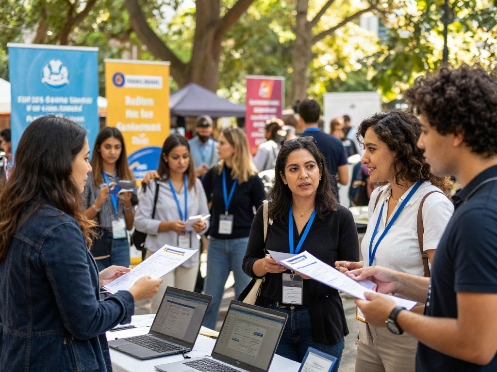 Networking job seekers engaging at a vibrant outdoor job fair to find หางาน opportunities.