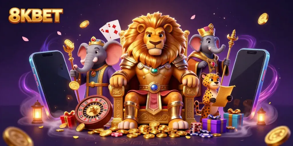 Join the lion king, advisor elephant, and cheetah messenger in 8KBET's vibrant gaming world.