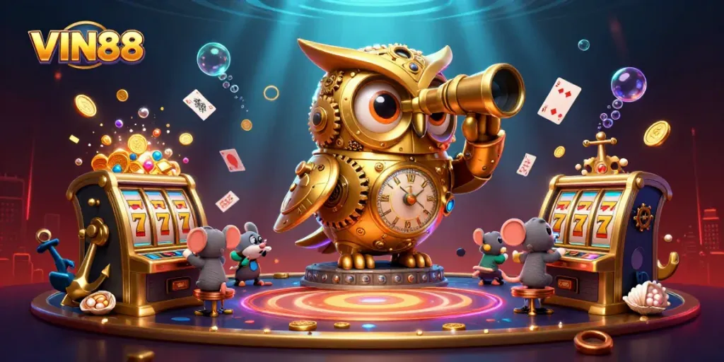 Experience thrilling gaming action at VIN88 with unique golden owl and wind-up mouse patrons.