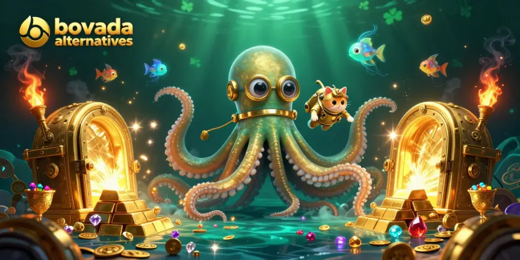 Discover thrilling bovada alternatives, showcasing a kraken and treasure in a vivid casino scene.
